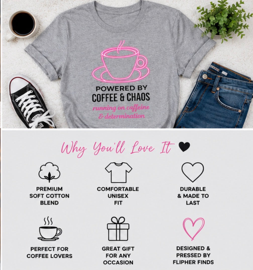 Powered by Coffee & Chaos T-Shirt | Funny Office Graphic Tee
