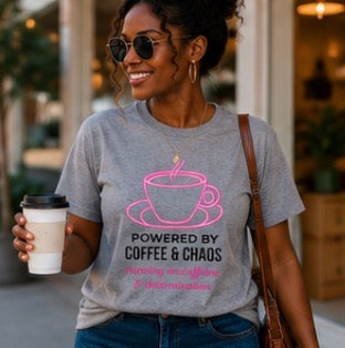 Powered by Coffee & Chaos T-Shirt | Funny Office Graphic Tee
