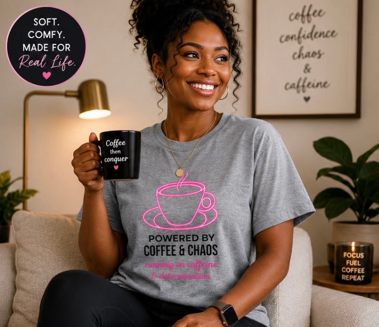 Powered by Coffee & Chaos T-Shirt | Funny Office Graphic Tee